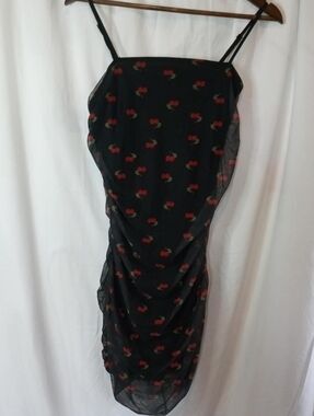 J for Justify Black Spaghetti Strap Mini Dress Red Cherry Mesh Baddie Large 90s